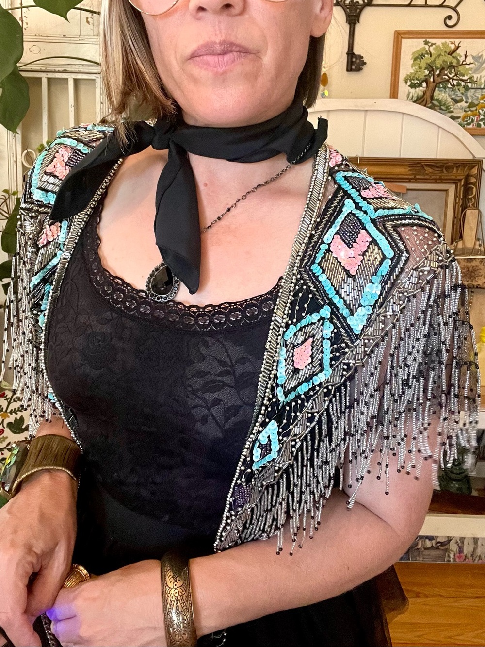 Vintage Hand Beaded Sequin Shawl Wrap Fringe